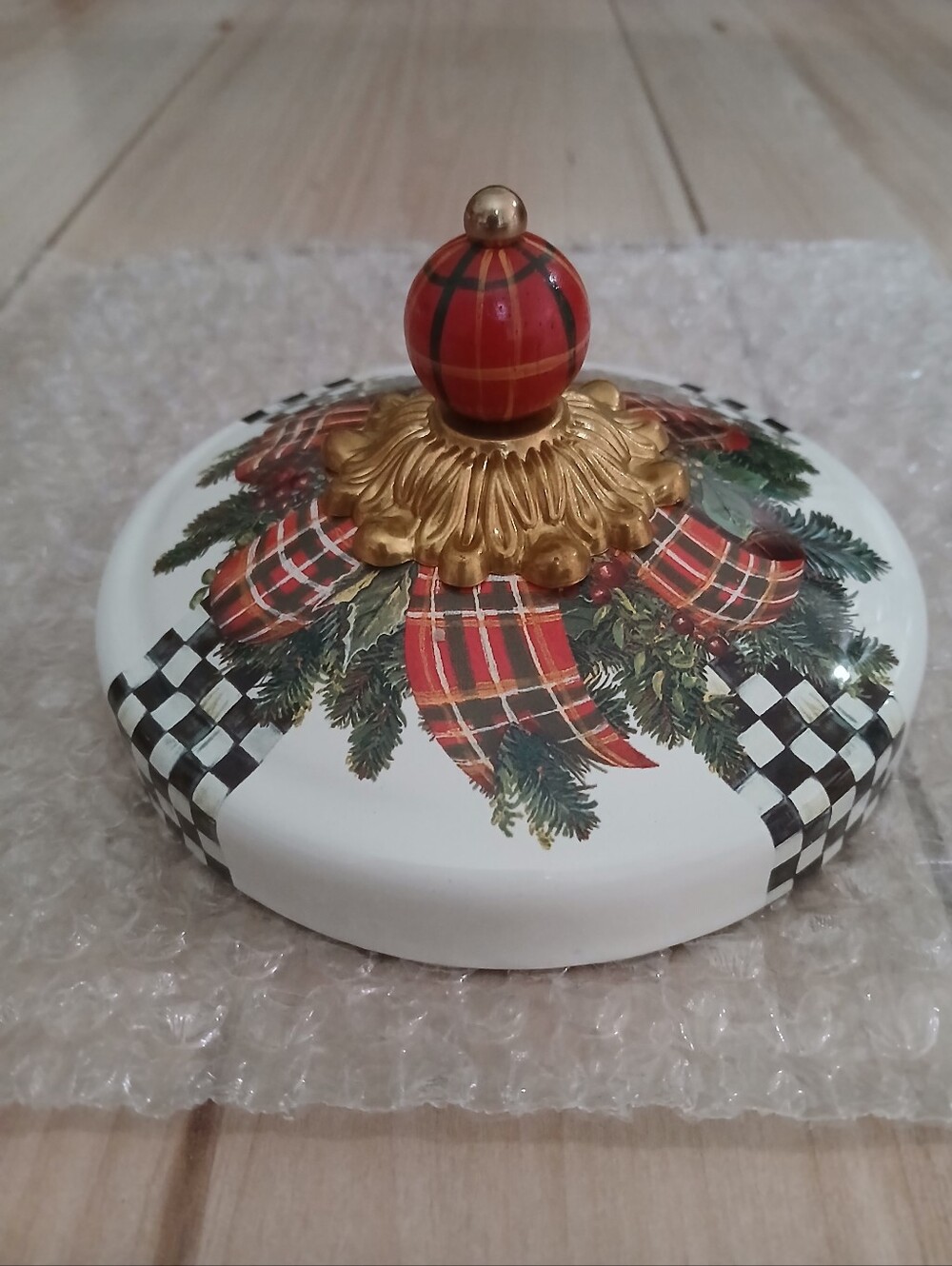 NWT MacKenzie-Childs Evergreen Enamel Lid ONLY Brass Bobeche & Red TT Knob